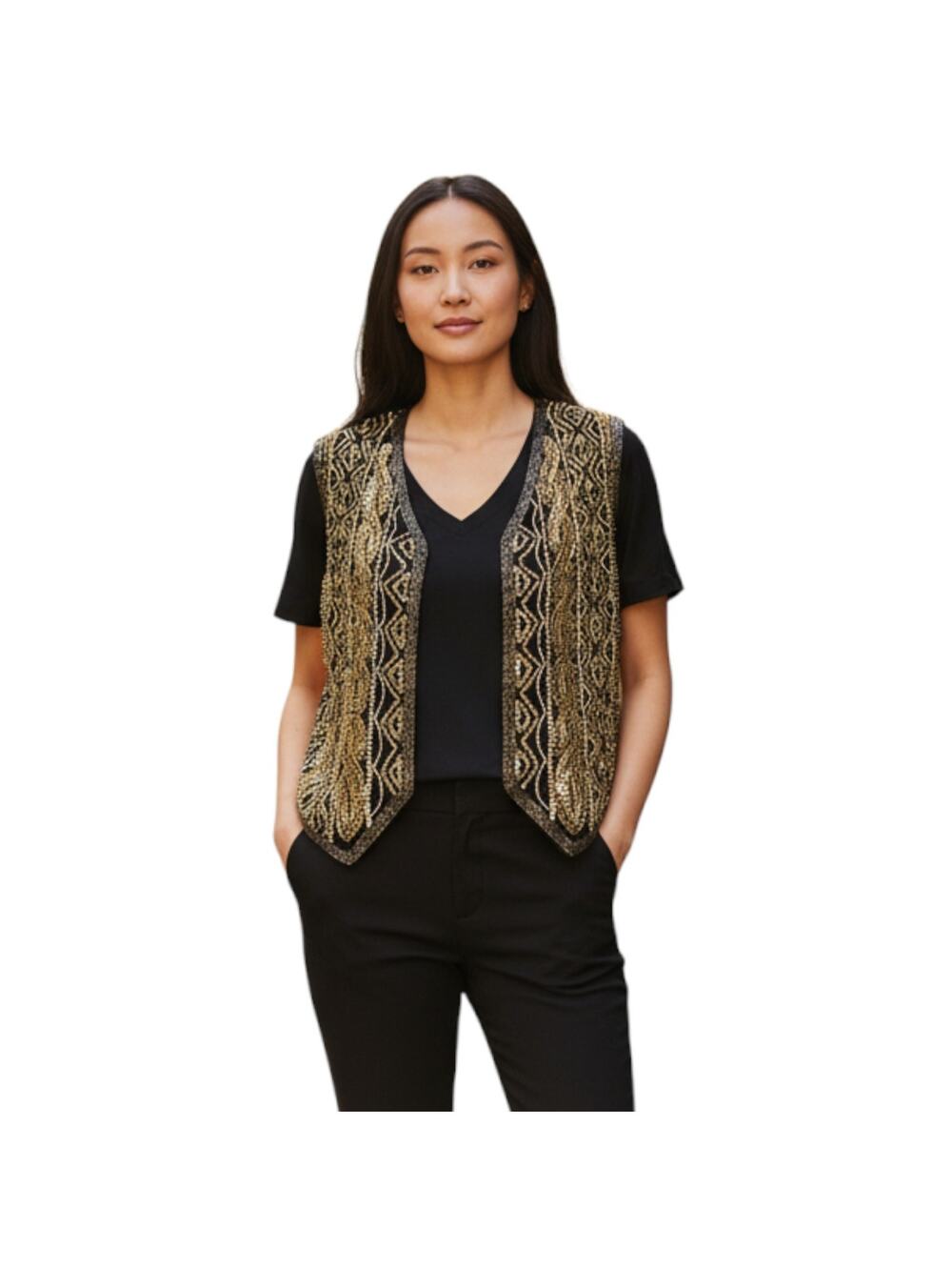 Silky Nites Sequin Beaded Vest Womens M !00% Silk Hook Eye Closure Evening